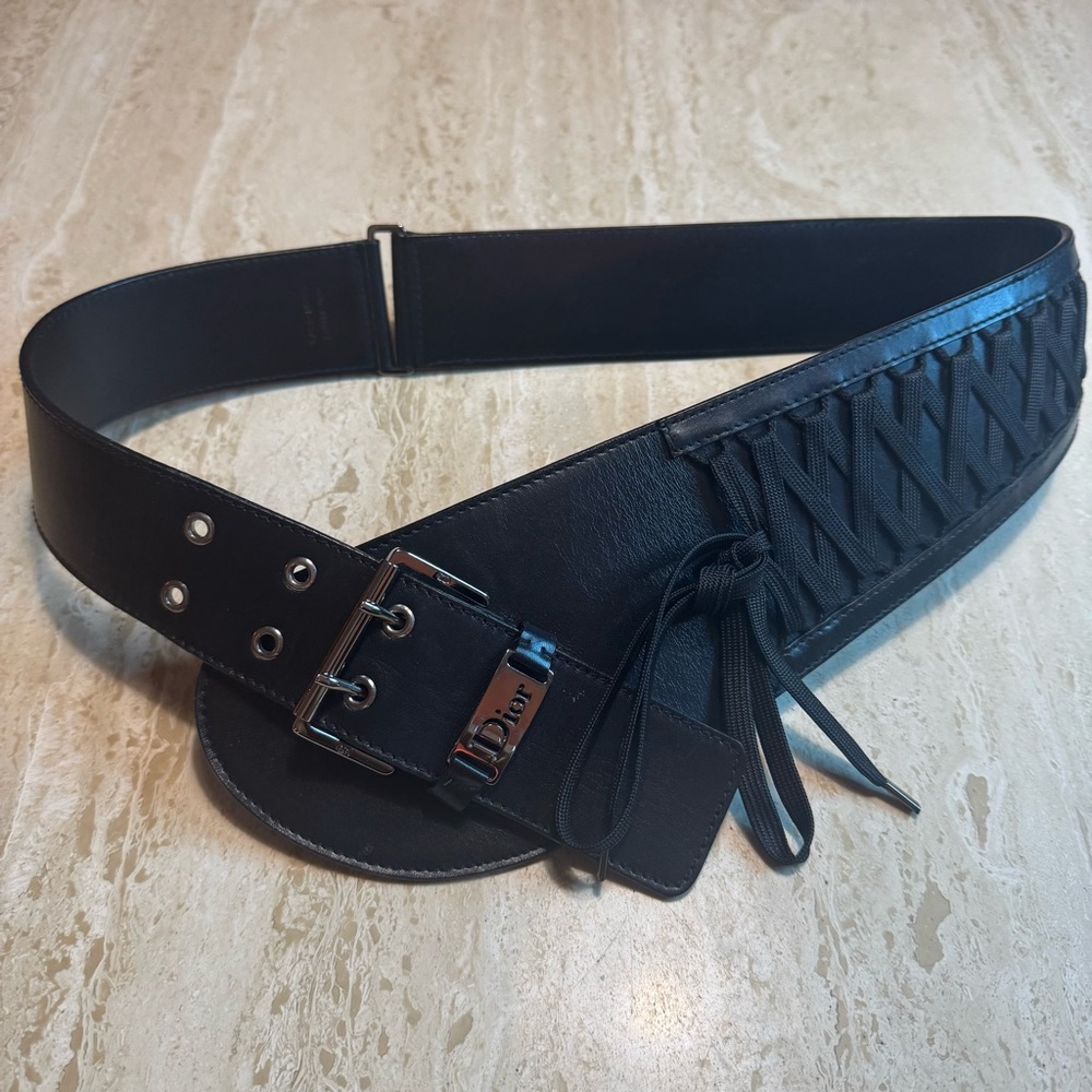 Dior Black Leather Belt with Silver Tone Hardware and Lacing